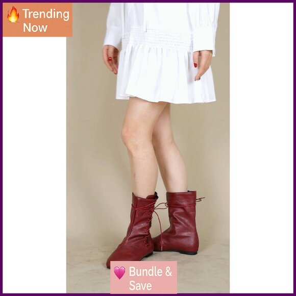 Vintage Lace-Up Ankle Boots Women's Size 7 PU Leather Flat Heel - Picture 8 of 8